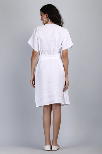 Organic Linen Women's Wrap Dress | Bohemian Wrap Dress | Elegant V-Neck Knee Dress | Kimono Wrap Dress