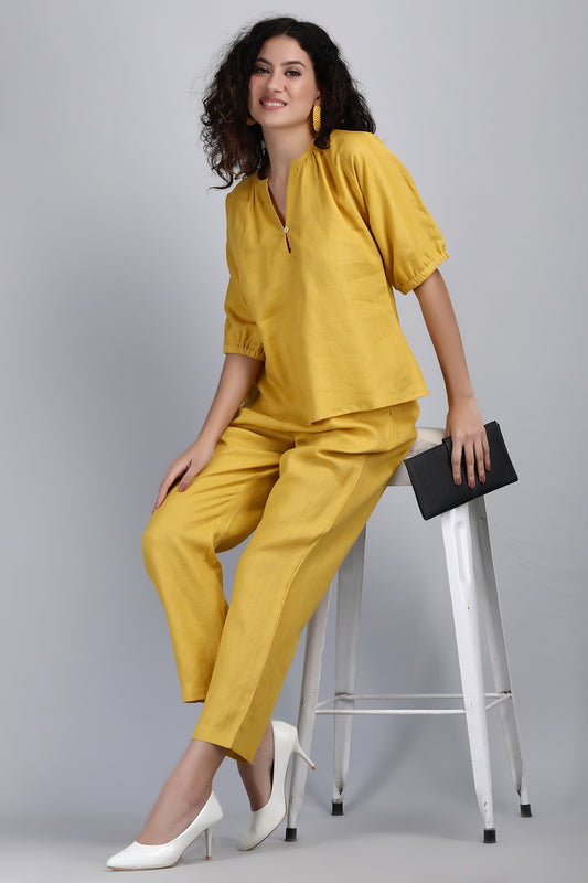 Mustard Loose Fit Linen Set, Co-Ord's Women, Linen Loungewear Set, Linen Top And Pants, Resort Wear