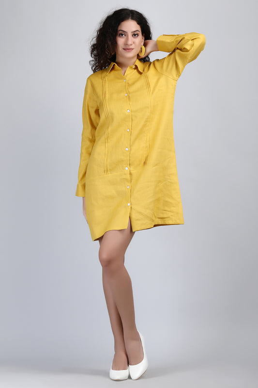 Pleated Linen Short Dress | Mini Shirt Dress