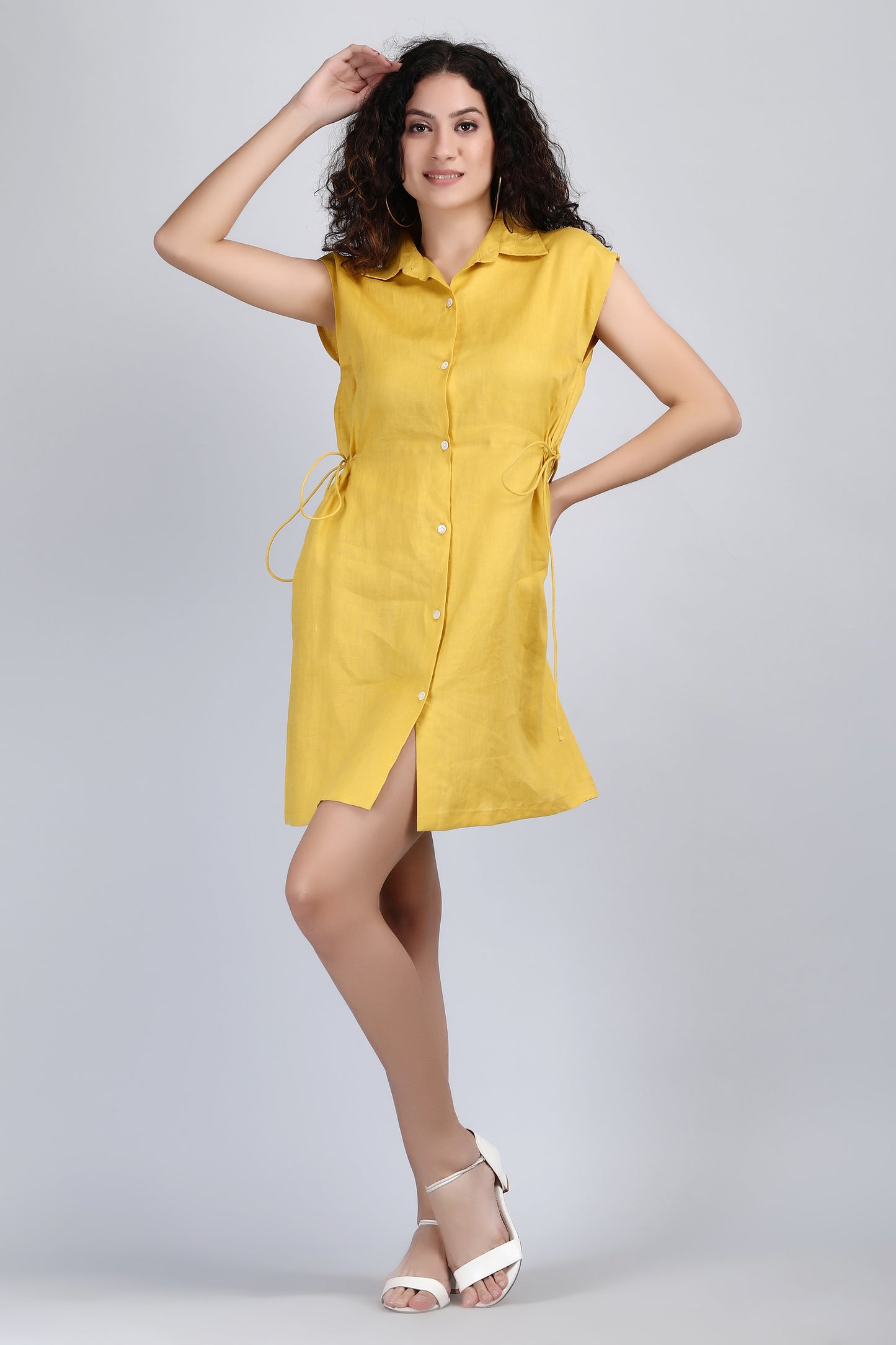 Pleated Linen Short Dress | Mini Shirt Dress